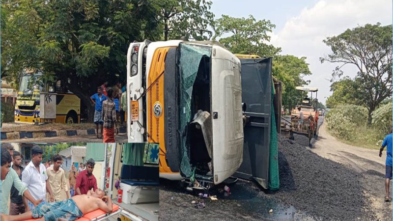 வண்டி தாரை இறக்குவதற்காக முயற்சி செய்தபோது  வண்டி தலை குப்புற கவிழ்ந்து விட்டது…
