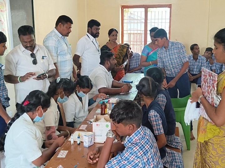 சென் கொலம்பஸ் பள்ளியில்ஜே வி ஆர் ரத்த பரிசோதனை நிலையம் இனாட்டா பவுண்டேஷன் ஏபிஜே அப்துல் கலாம் இணைந்து மாணவர்களுக்கு ரத்த வகை பரிசோதனை முகாம் நடைபெற்றது